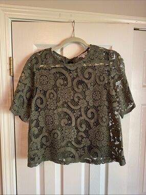 Nanette Lepore Olive Green Lace Short Sleeve Blouse